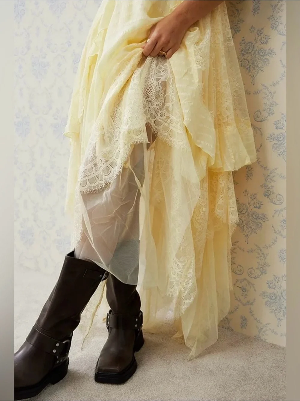 Free People Bliss Lace Kerchief Hem Strapless Maxi Dress Yellow Size Large - Picture 5 of 16